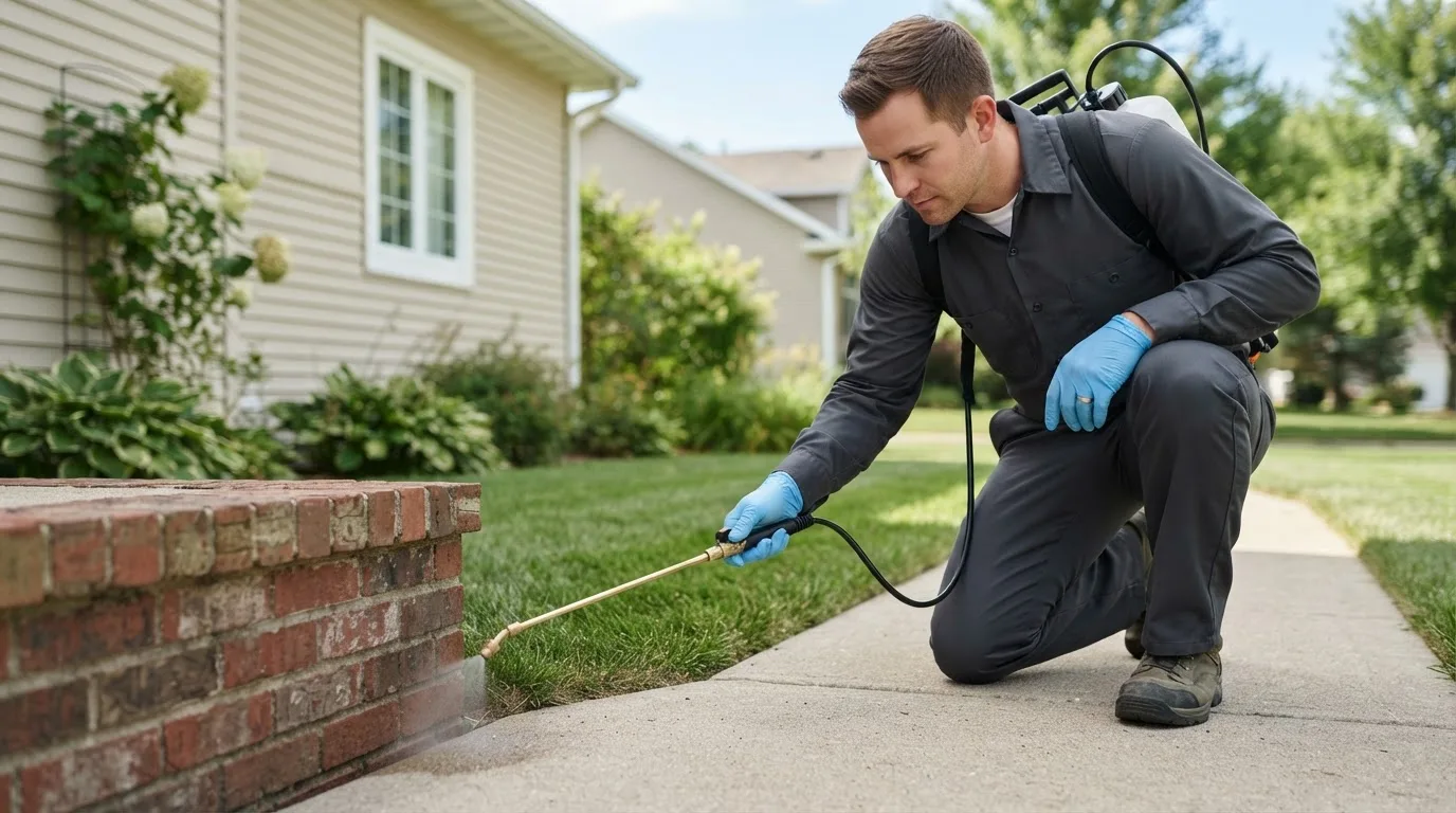 Pest control technician treating a home near Albertville, MN