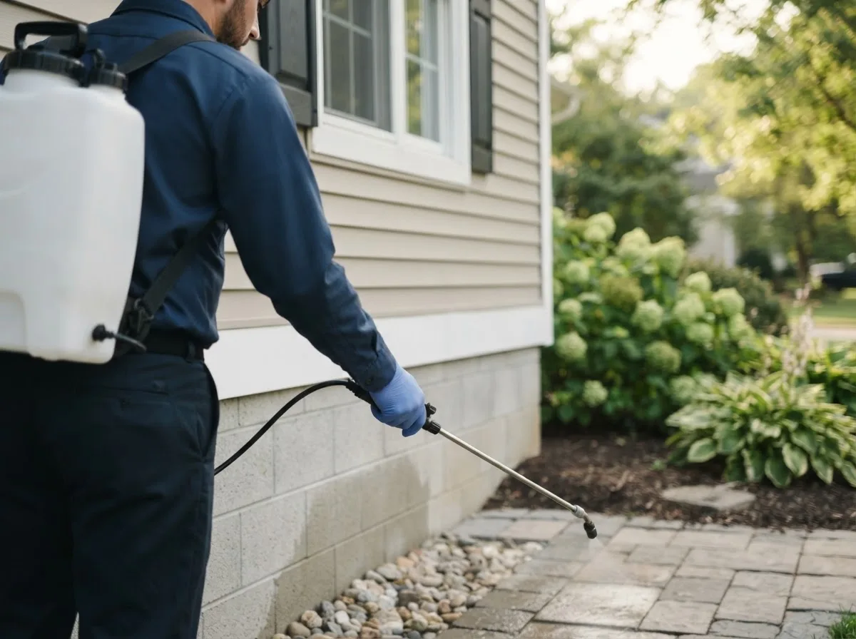Pest control technician inspecting a home in Albertville, MN